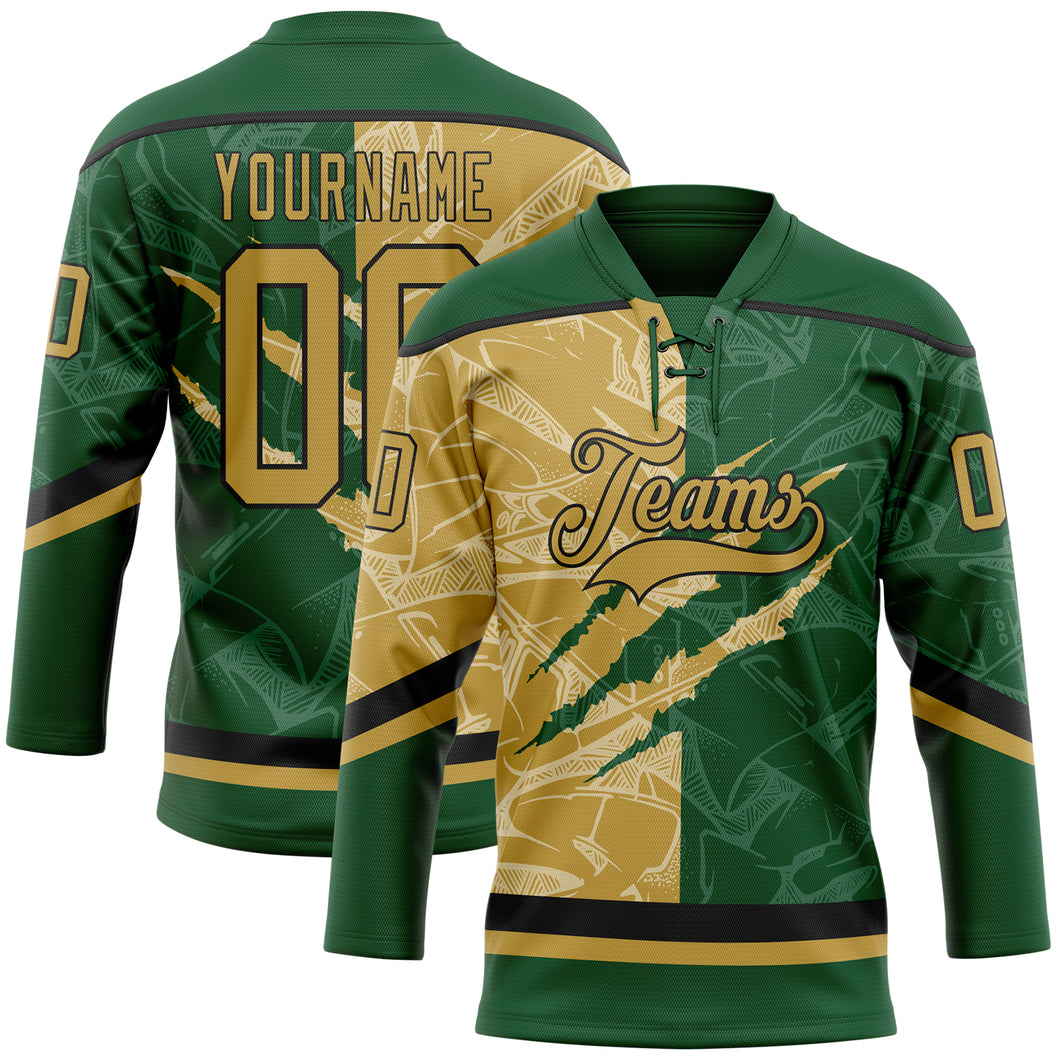 Custom Green Old Gold-Black 3D Pattern Gradient Fashion Scratch Hockey Lace Neck Jersey