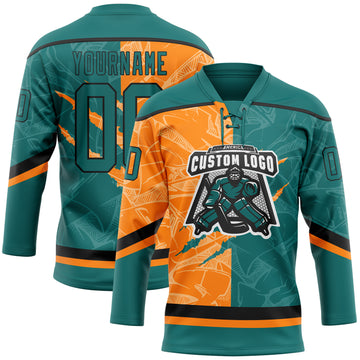 Custom Teal Bay Orange-Black 3D Pattern Gradient Fashion Scratch Hockey Lace Neck Jersey