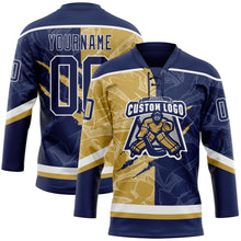 Charger l&#39;image dans la galerie, Custom Navy Old Gold-White 3D Pattern Gradient Fashion Scratch Hockey Lace Neck Jersey
