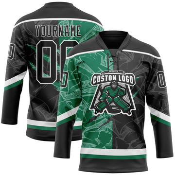 Custom Black Kelly Green-White 3D Pattern Gradient Fashion Scratch Hockey Lace Neck Jersey