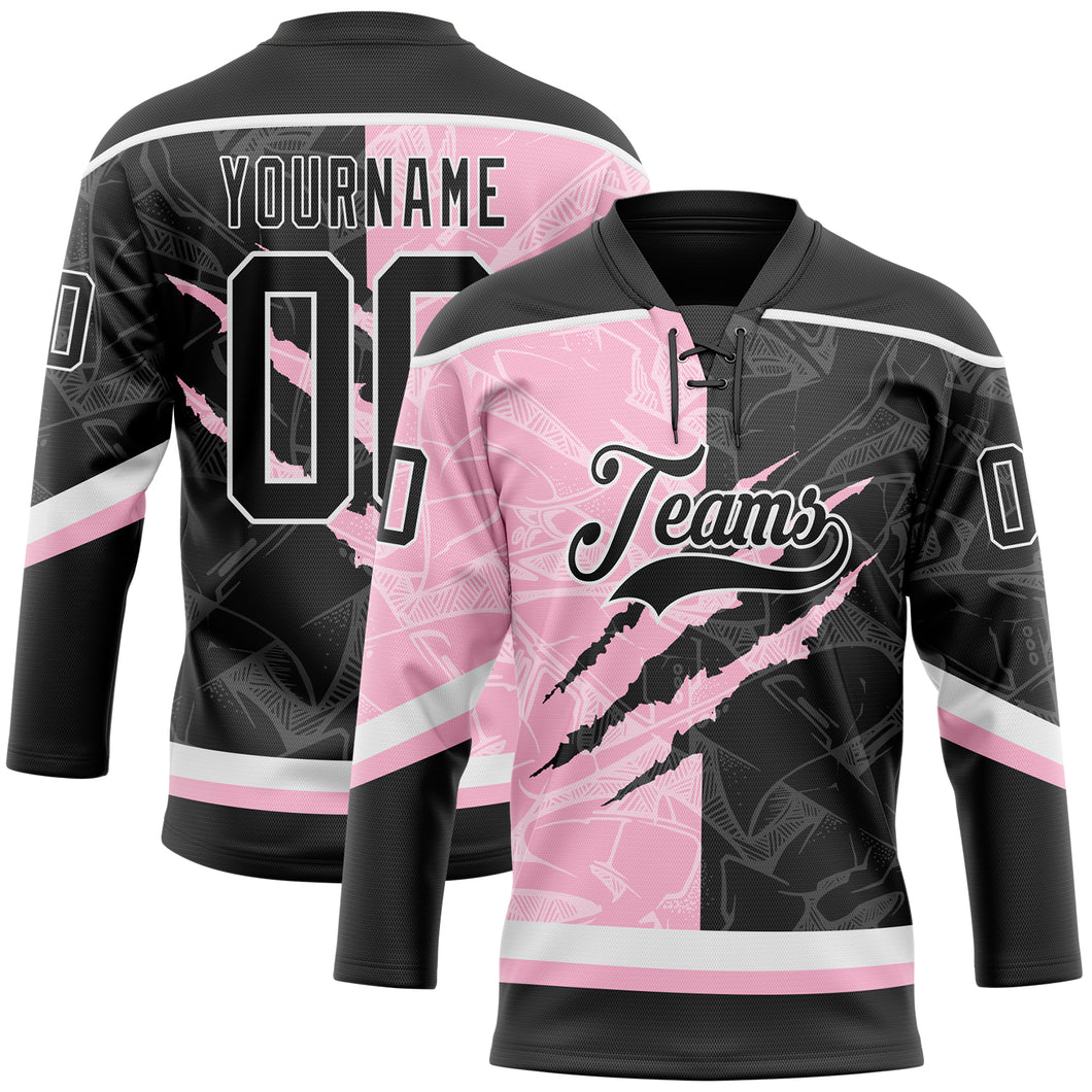 Custom Black Light Pink-White 3D Pattern Gradient Fashion Scratch Hockey Lace Neck Jersey
