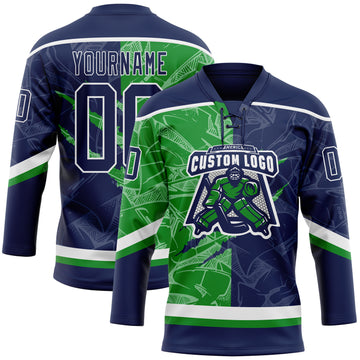 Custom Navy Grass Green-White 3D Pattern Gradient Fashion Scratch Hockey Lace Neck Jersey