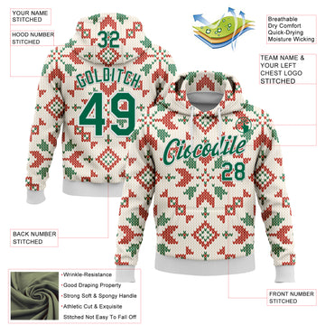 Custom Stitched City Cream Kelly Green-White 3D Christmas Sports Pullover Sweatshirt Hoodie