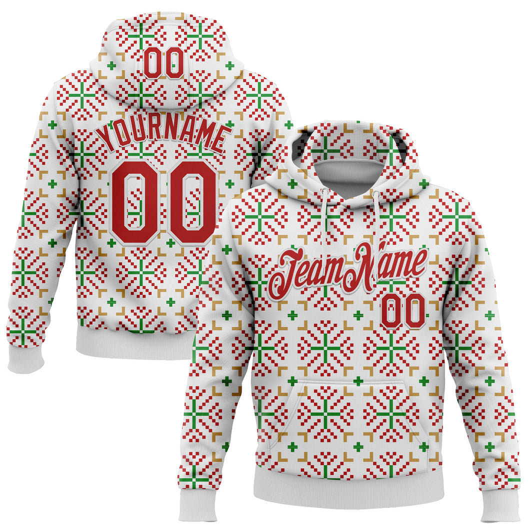Custom Stitched White Red-White 3D Christmas Sports Pullover Sweatshirt Hoodie