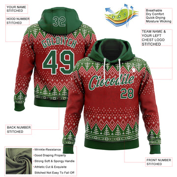 Custom Stitched Red Green-White 3D Christmas Ugly Sweater Sports Pullover Sweatshirt Hoodie