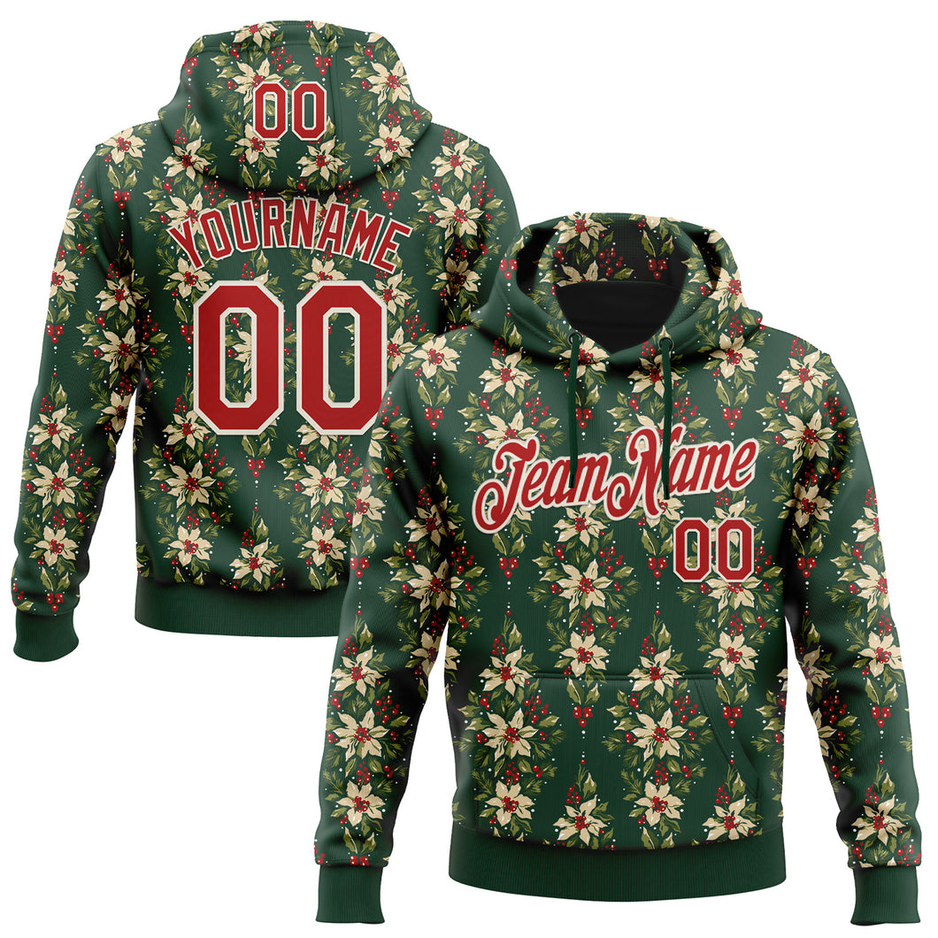 Custom Stitched Green Red-Cream 3D Christmas Floral Sports Pullover Sweatshirt Hoodie