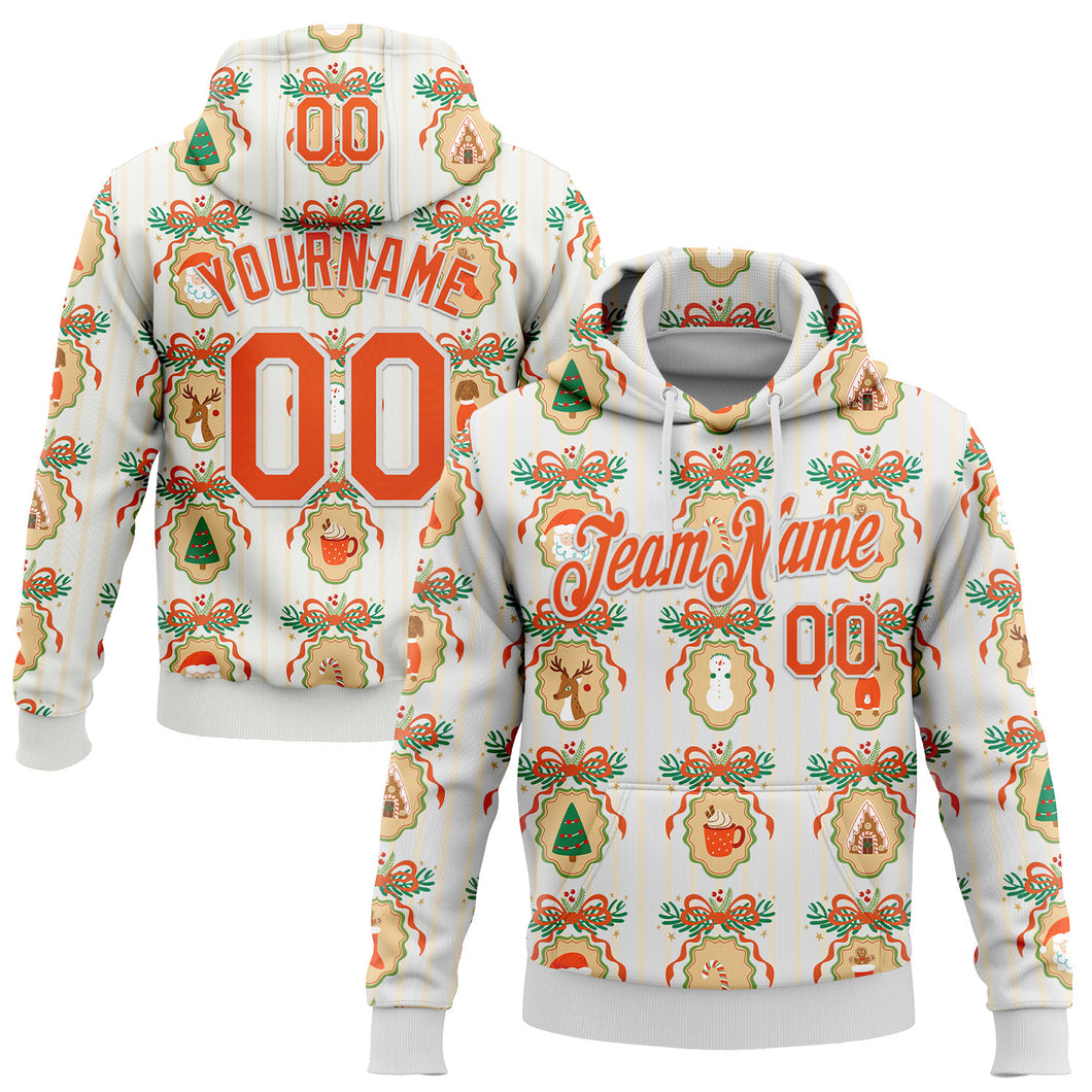 Custom Stitched White Orange-White 3D Christmas Sports Pullover Sweatshirt Hoodie