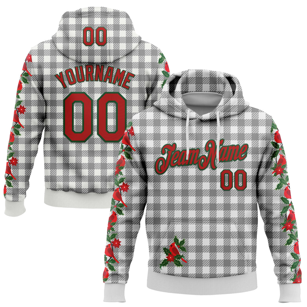 Custom Stitched White Red-Green 3D Christmas Floral Plaid Sports Pullover Sweatshirt Hoodie