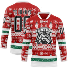 Laden Sie das Bild in den Galerie-Viewer, Custom Red Black-White 3D Christmas Ugly Sweater Hockey Lace Neck Jersey
