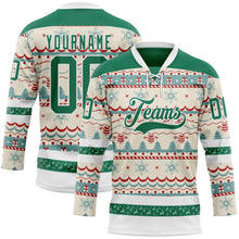 Laden Sie das Bild in den Galerie-Viewer, Custom Red Kelly Green-White 3D Christmas Ugly Sweater Hockey Lace Neck Jersey
