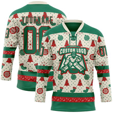 Загрузить изображение в средство просмотра галереи, Custom Cream Kelly Green-Red 3D Christmas Hockey Lace Neck Jersey
