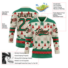 Загрузить изображение в средство просмотра галереи, Custom Cream Kelly Green-Red 3D Christmas Hockey Lace Neck Jersey
