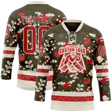 Custom Olive Red-White 3D Christmas Hockey Lace Neck Jersey