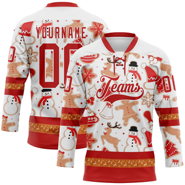 Custom White Red-White 3D Christmas Hockey Lace Neck Jersey