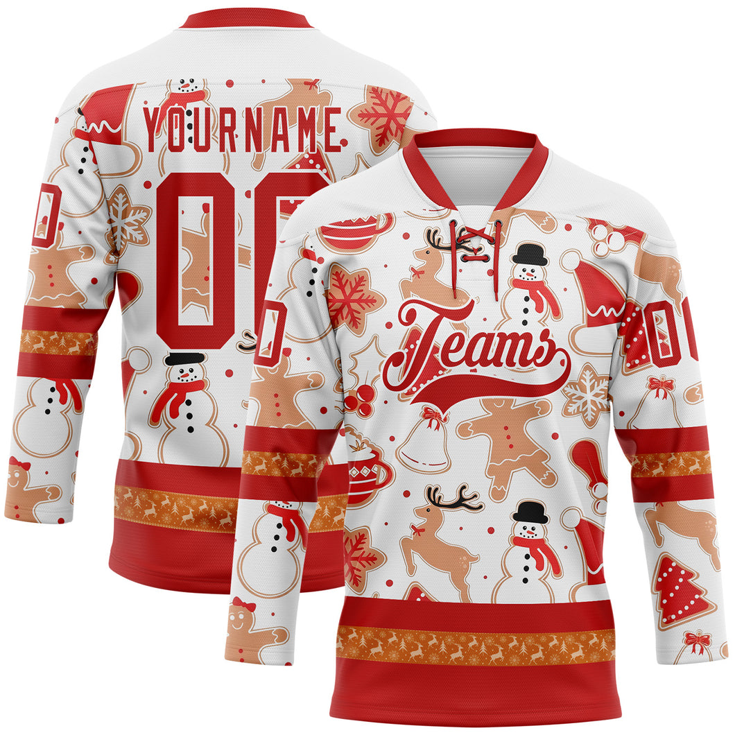 Custom White Red-White 3D Christmas Hockey Lace Neck Jersey