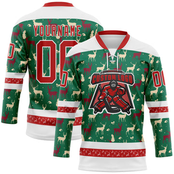 Custom Kelly Green Red-White 3D Christmas Reindeer Hockey Lace Neck Jersey