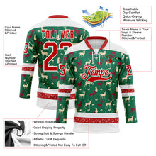 Load image into Gallery viewer, Custom Kelly Green Red-White 3D Christmas Reindeer Hockey Lace Neck Jersey
