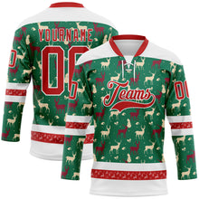 Load image into Gallery viewer, Custom Kelly Green Red-White 3D Christmas Reindeer Hockey Lace Neck Jersey
