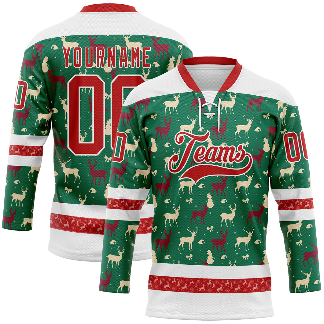 Custom Kelly Green Red-White 3D Christmas Reindeer Hockey Lace Neck Jersey