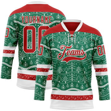 Custom Kelly Green Red-White 3D Christmas Hockey Lace Neck Jersey