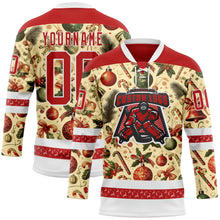 Laden Sie das Bild in den Galerie-Viewer, Custom Red Red-White 3D Christmas Hockey Lace Neck Jersey
