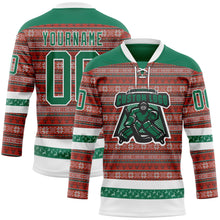 Laden Sie das Bild in den Galerie-Viewer, Custom Red Kelly Green-White 3D Christmas Ugly Sweater Hockey Lace Neck Jersey
