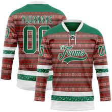Laden Sie das Bild in den Galerie-Viewer, Custom Red Kelly Green-White 3D Christmas Ugly Sweater Hockey Lace Neck Jersey
