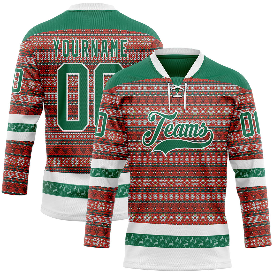 Custom Red Kelly Green-White 3D Christmas Ugly Sweater Hockey Lace Neck Jersey