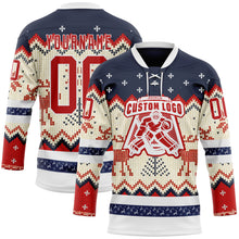 Load image into Gallery viewer, Custom Navy Red-White 3D Christmas Ugly Sweater Hockey Lace Neck Jersey
