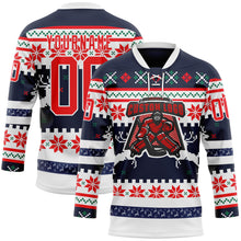 Load image into Gallery viewer, Custom Navy Fire Red-White 3D Christmas Ugly Sweater Hockey Lace Neck Jersey

