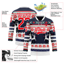 Load image into Gallery viewer, Custom Navy Fire Red-White 3D Christmas Ugly Sweater Hockey Lace Neck Jersey
