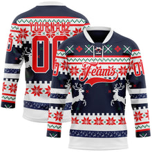 Load image into Gallery viewer, Custom Navy Fire Red-White 3D Christmas Ugly Sweater Hockey Lace Neck Jersey
