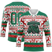 Laden Sie das Bild in den Galerie-Viewer, Custom Red Kelly Green-White 3D Christmas Ugly Sweater Hockey Lace Neck Jersey
