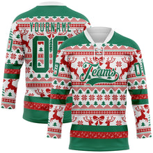 Laden Sie das Bild in den Galerie-Viewer, Custom Red Kelly Green-White 3D Christmas Ugly Sweater Hockey Lace Neck Jersey
