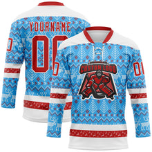 Charger l&#39;image dans la galerie, Custom Sky Blue Red-White 3D Christmas Ugly Sweater Hockey Lace Neck Jersey
