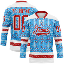 Charger l&#39;image dans la galerie, Custom Sky Blue Red-White 3D Christmas Ugly Sweater Hockey Lace Neck Jersey
