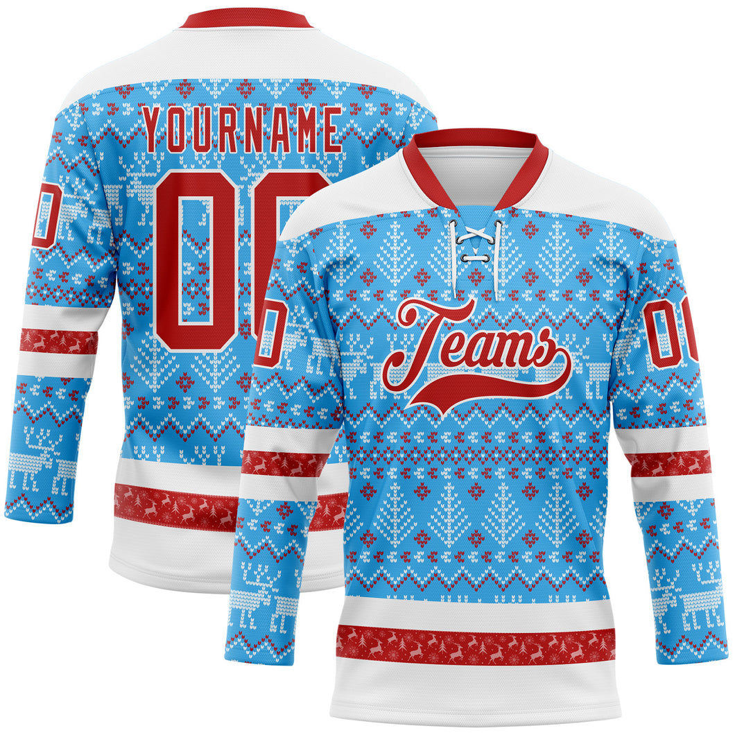 Custom Sky Blue Red-White 3D Christmas Ugly Sweater Hockey Lace Neck Jersey