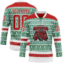 Laden Sie das Bild in den Galerie-Viewer, Custom Kelly Green Red-White 3D Christmas Ugly Sweater Hockey Lace Neck Jersey
