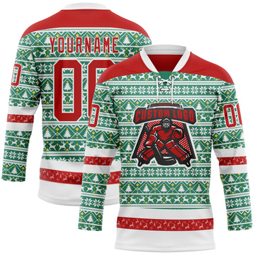 Custom Kelly Green Red-White 3D Christmas Ugly Sweater Hockey Lace Neck Jersey