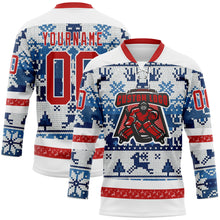 Load image into Gallery viewer, Custom Blue Red-White 3D Christmas Ugly Sweater Hockey Lace Neck Jersey
