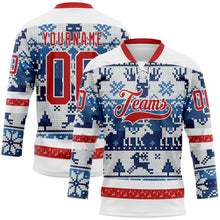 Load image into Gallery viewer, Custom Blue Red-White 3D Christmas Ugly Sweater Hockey Lace Neck Jersey
