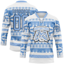 Laden Sie das Bild in den Galerie-Viewer, Custom White Light Blue-Black 3D Christmas Ugly Sweater Hockey Lace Neck Jersey
