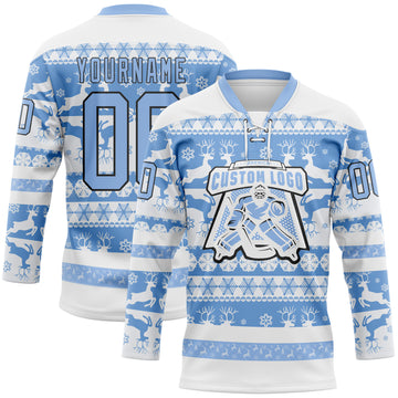 Custom White Light Blue-Black 3D Christmas Ugly Sweater Hockey Lace Neck Jersey