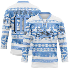 Laden Sie das Bild in den Galerie-Viewer, Custom White Light Blue-Black 3D Christmas Ugly Sweater Hockey Lace Neck Jersey
