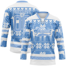 Загрузить изображение в средство просмотра галереи, Custom White Light Blue-White 3D Christmas Ugly Sweater Hockey Lace Neck Jersey
