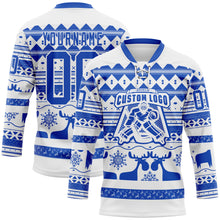 Laden Sie das Bild in den Galerie-Viewer, Custom White Thunder Blue-White 3D Christmas Ugly Sweater Hockey Lace Neck Jersey
