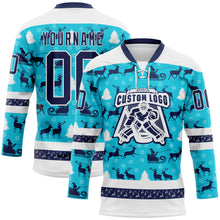 Laden Sie das Bild in den Galerie-Viewer, Custom Lakes Blue Navy-White 3D Christmas Hockey Lace Neck Jersey
