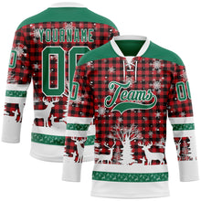 Laden Sie das Bild in den Galerie-Viewer, Custom Red Kelly Green-White 3D Christmas Plaid Hockey Lace Neck Jersey
