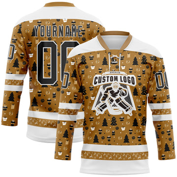 Custom Old Gold Black-White 3D Christmas Hockey Lace Neck Jersey