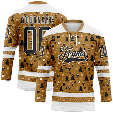Custom Old Gold Black-White 3D Christmas Hockey Lace Neck Jersey